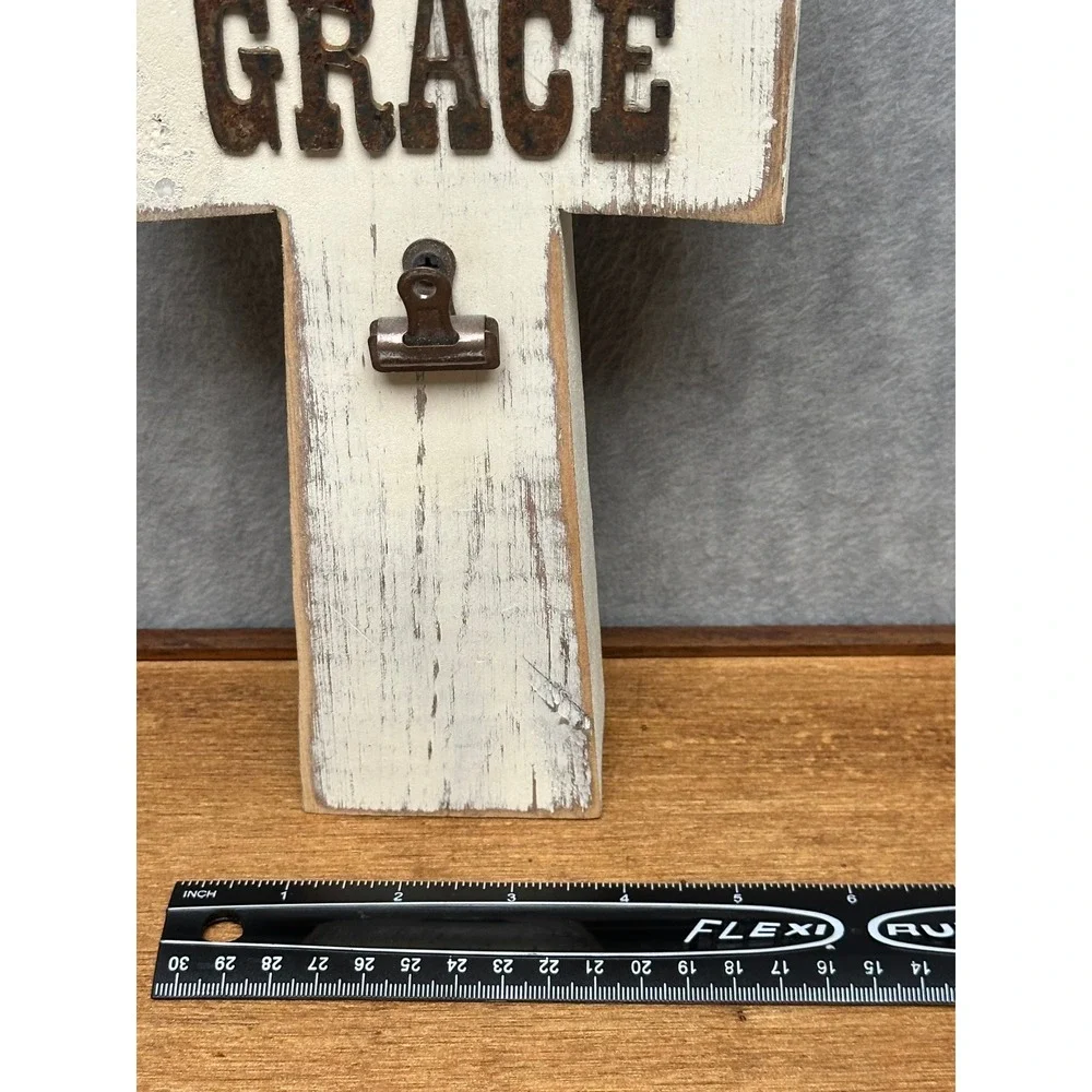 Wooden Grace Standing Cross White Distressed Rustic Metal Clip Decor